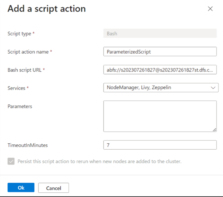 Captura de tela mostrando a janela Adicionar ação de script aberta no portal do Azure.