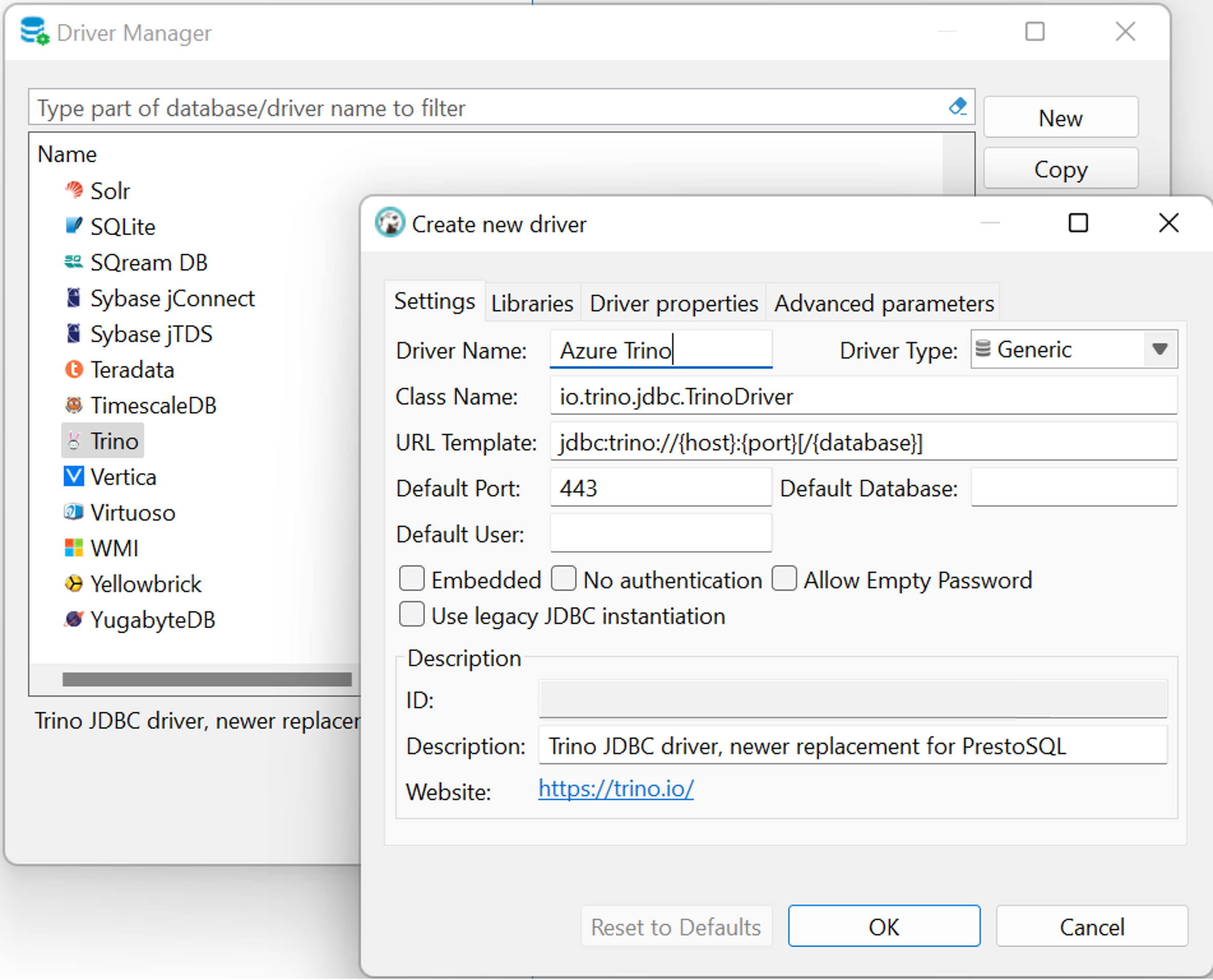 Captura de tela mostrando Criar novo driver do Trino para HDInsight no AKS.