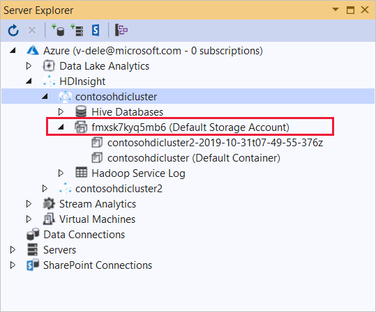 Default storage account, HDInsight cluster, Server Explorer.