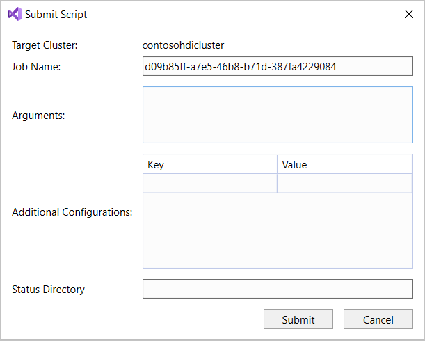 Caixa de diálogo Enviar Script, consulta do Hive do HDInsight Hadoop.