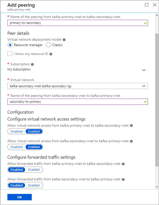 Captura de tela que mostra o Kafka HDInsight adicionar o emparelhamento de rede virtual.