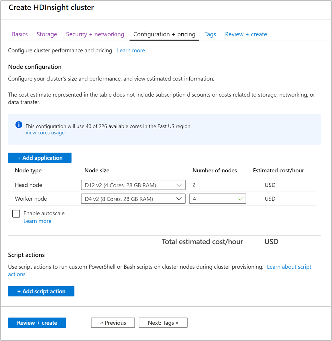 Portal do Azure: nós de tamanho do cluster.