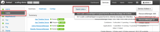 O Apache Ambari vincula rapidamente a interface do usuário do Resource Manager.