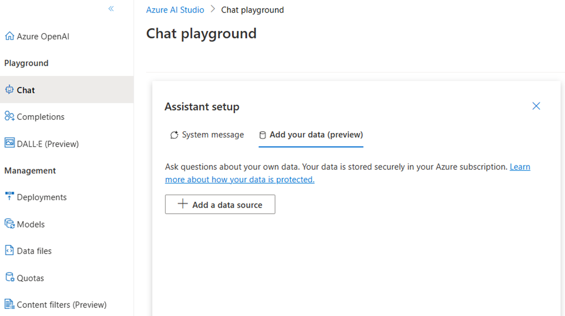 Add your data via Azure OpenAI Studio screensot