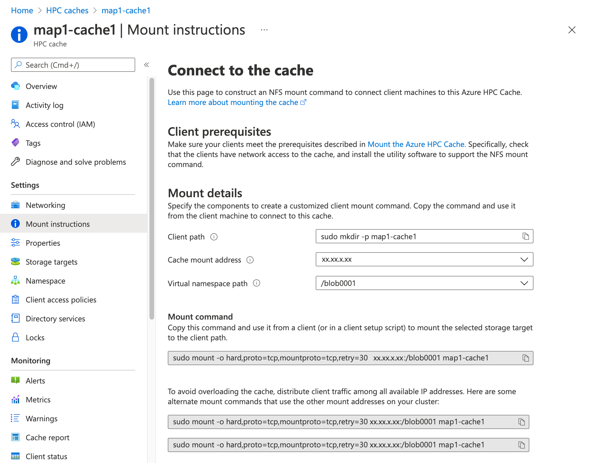 captura de tela de uma instância do Azure HPC Cache no portal, com a página Configurar > Instruções de montagem carregada