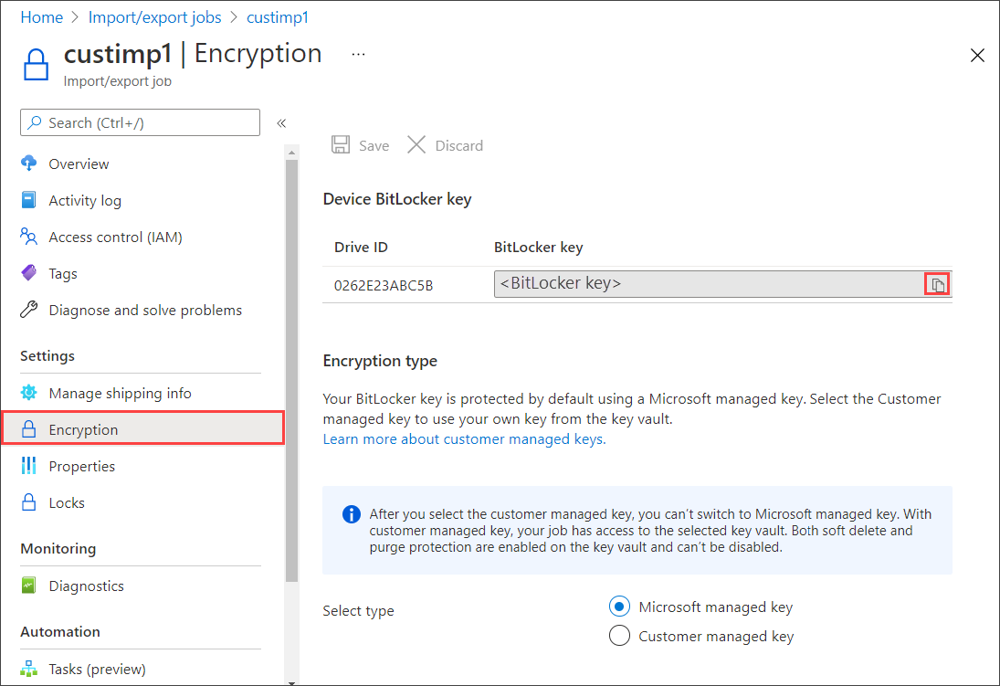 Captura de tela da folha Criptografia de um trabalho de exportação em Trabalhos de Importação/Exportação do Azure. O item do menu Criptografia e o botão Copiar da chave estão realçados.