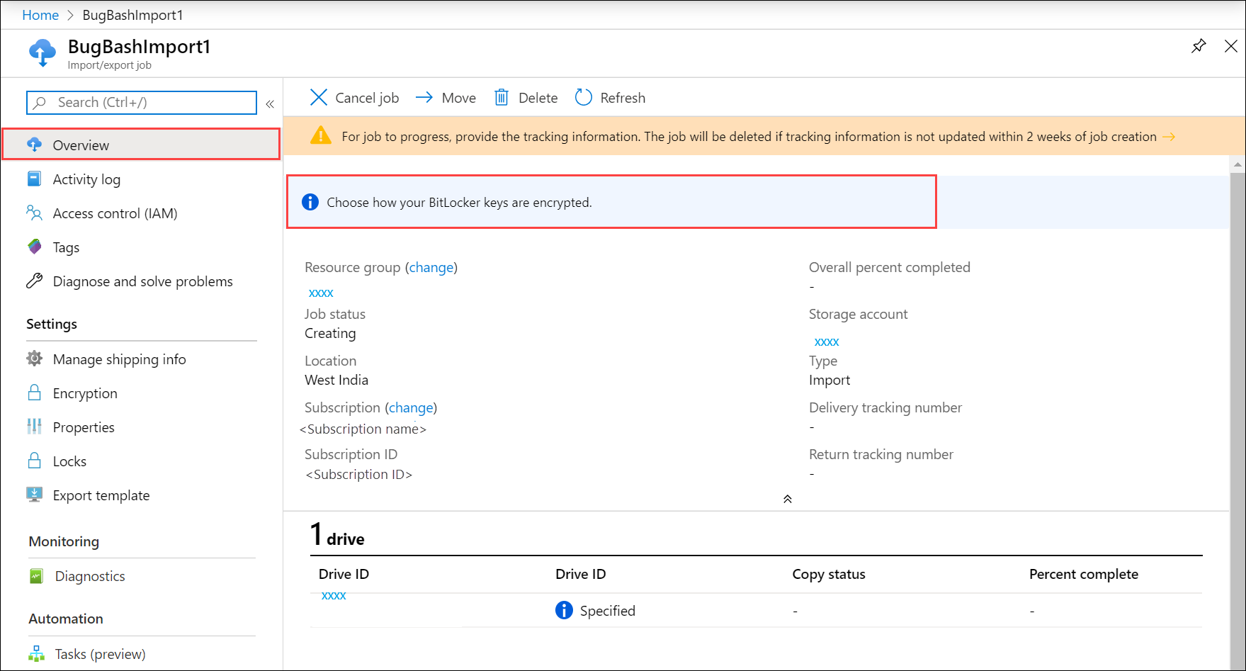 Captura de tela da folha de Visão geral para o trabalho de Importação/Exportação do Azure. O item de menu de Visão geral e o link que abre as opções de chave do BitLocker estão realçados.