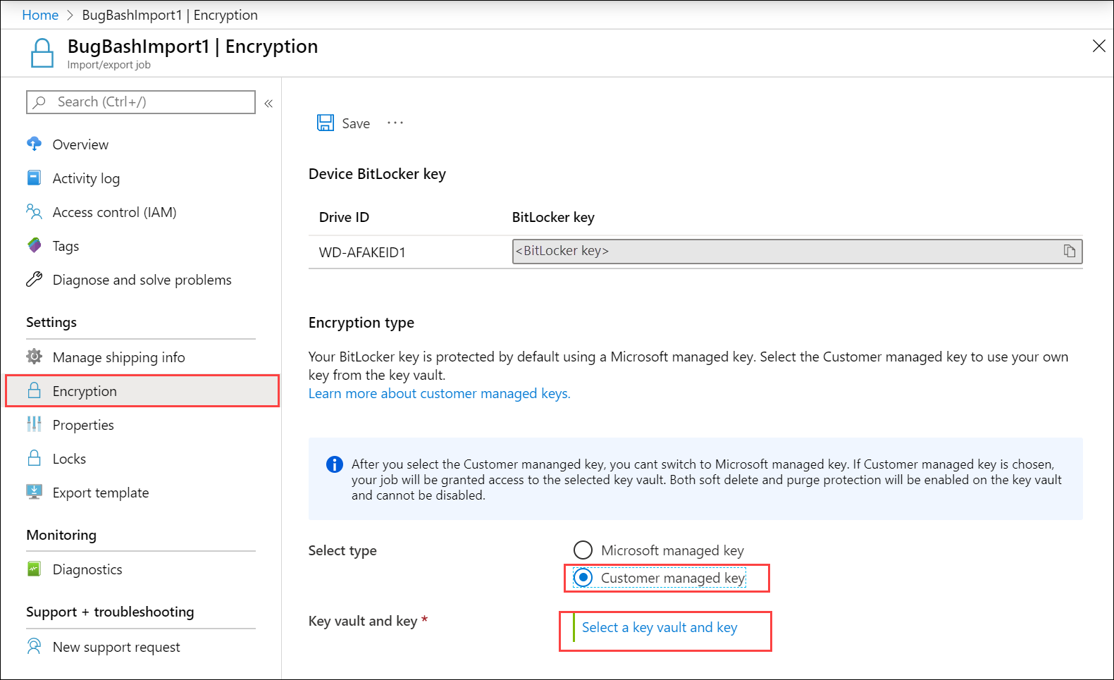 Captura de tela da folha Criptografia para o trabalho de Importação/Exportação do Azure. A opção 