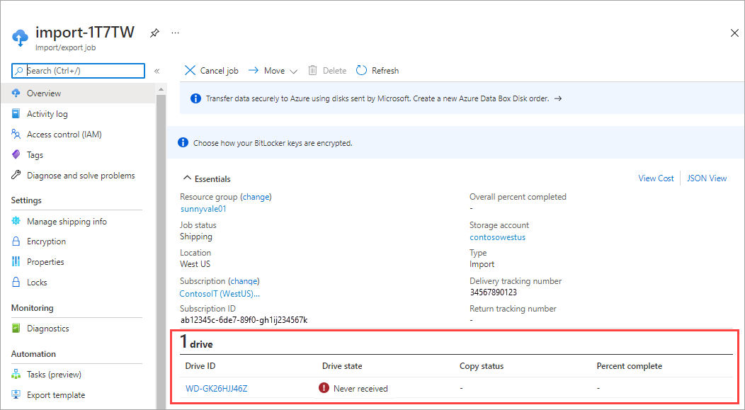 Captura de tela do estado da unidade para um pedido de Importação/Exportação do Azure no portal do Azure. A ID da Unidade, o Estado da Unidade, o Status da Cópia e a Porcentagem Concluída para a unidade estão realçados.