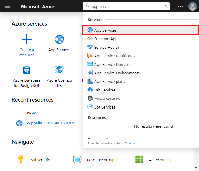 Captura de tela do portal do Azure, caixa de pesquisa e “Serviços de Aplicativos” selecionado.