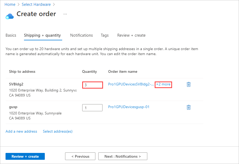 Captura de tela mostrando a guia Envio + Quantidade com uma quantidade de mais de um para um endereço