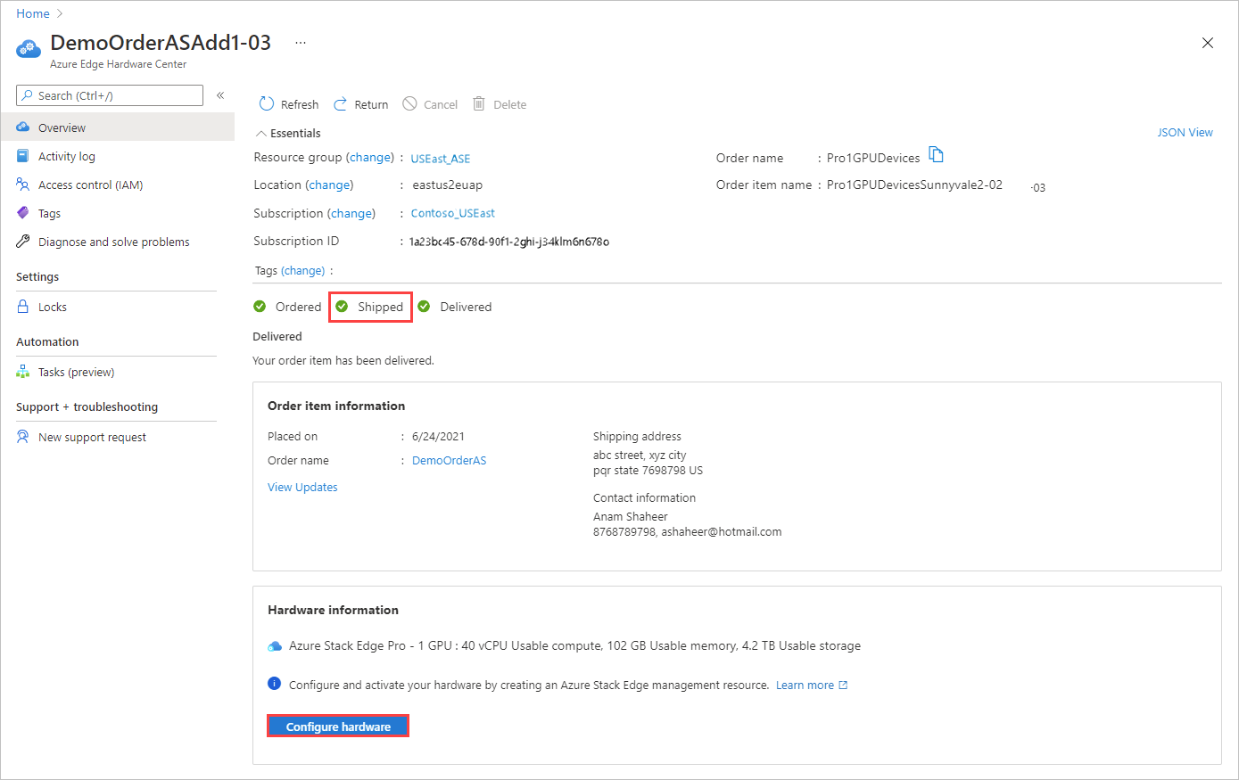 Captura de tela mostrando a opção Configurar hardware de um item de encomenda enviado do Azure Edge Hardware Center.