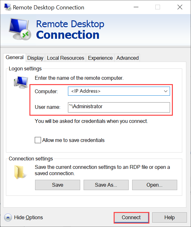 Captura de tela do painel de Conexão de Área de Trabalho Remota para se conectar via RDP à sua VM do Windows.