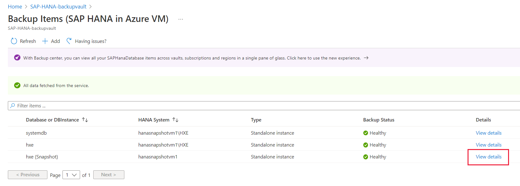 Captura de tela que mostra onde ver os detalhes do instantâneo do banco de dados HANA.