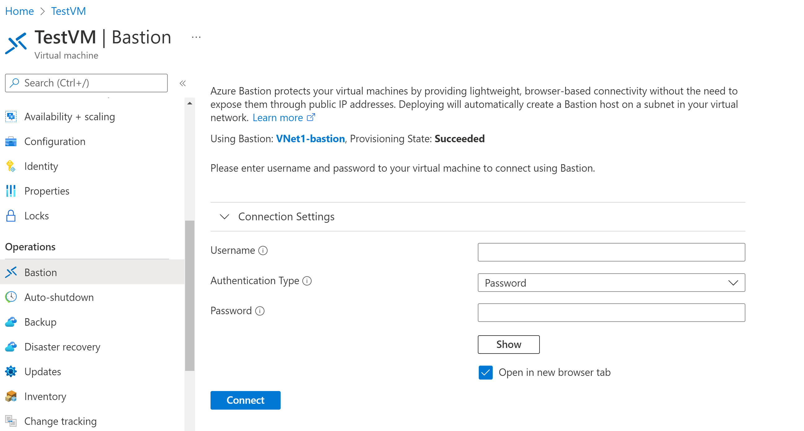 Captura de tela das configurações de conexão do Azure Bastion.