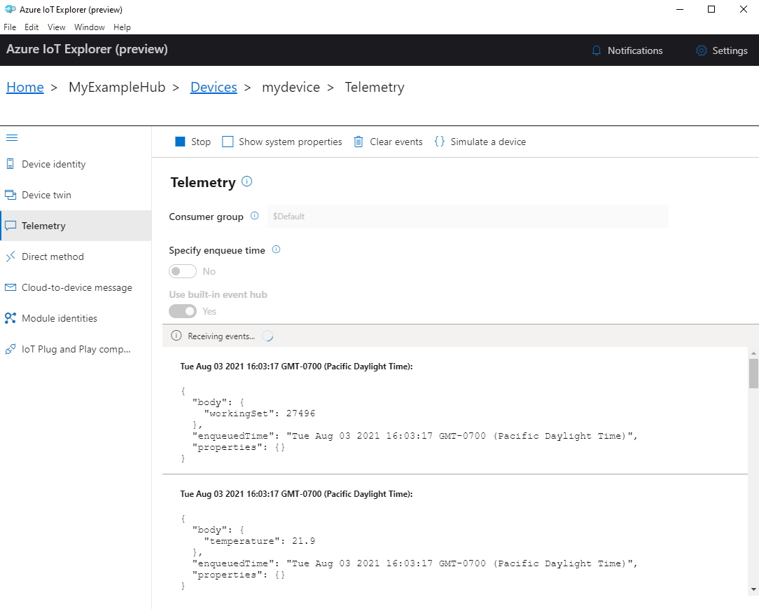 Captura de tela da telemetria do dispositivo no Explorer do IoT