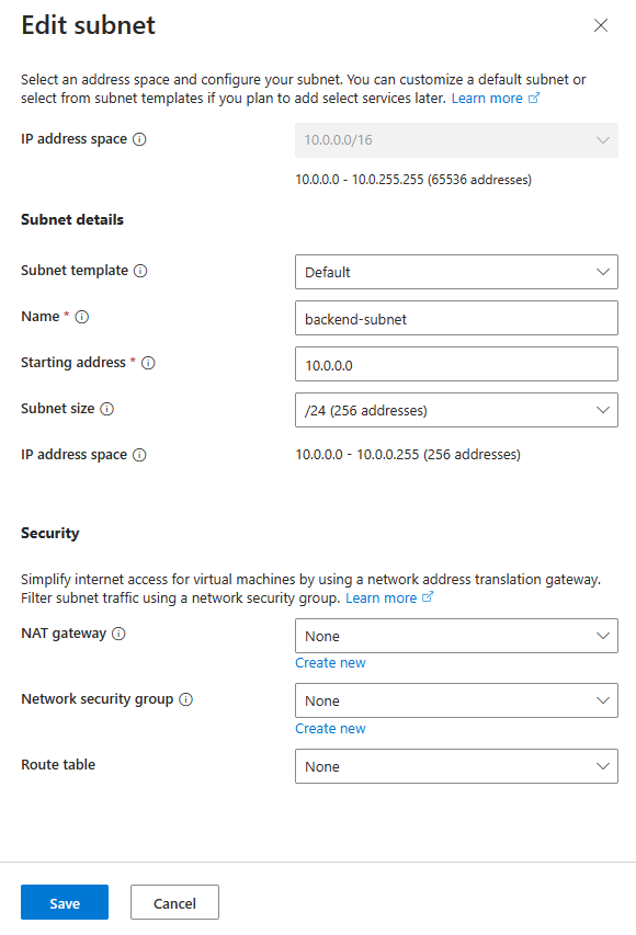 Captura de tela da renomeação e configuração da sub-rede padrão.