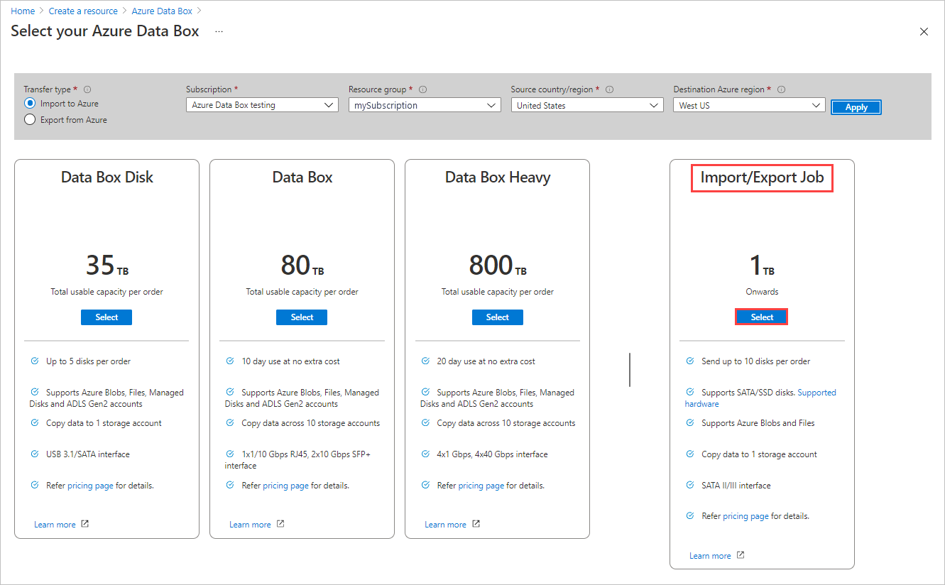 Captura de tela que mostra as opções de produtos para uma nova ordem do Data Box. O botão Selecionar para Trabalho de Importação e Exportação está realçado.