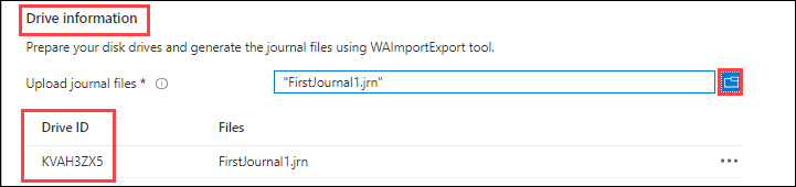 Captura de tela mostrando as Informações da Unidade na guia Detalhes do Trabalho para um trabalho de Importação/Exportação do Azure. O botão Copiar e a ID da Unidade para um arquivo de diário carregado estão realçados.