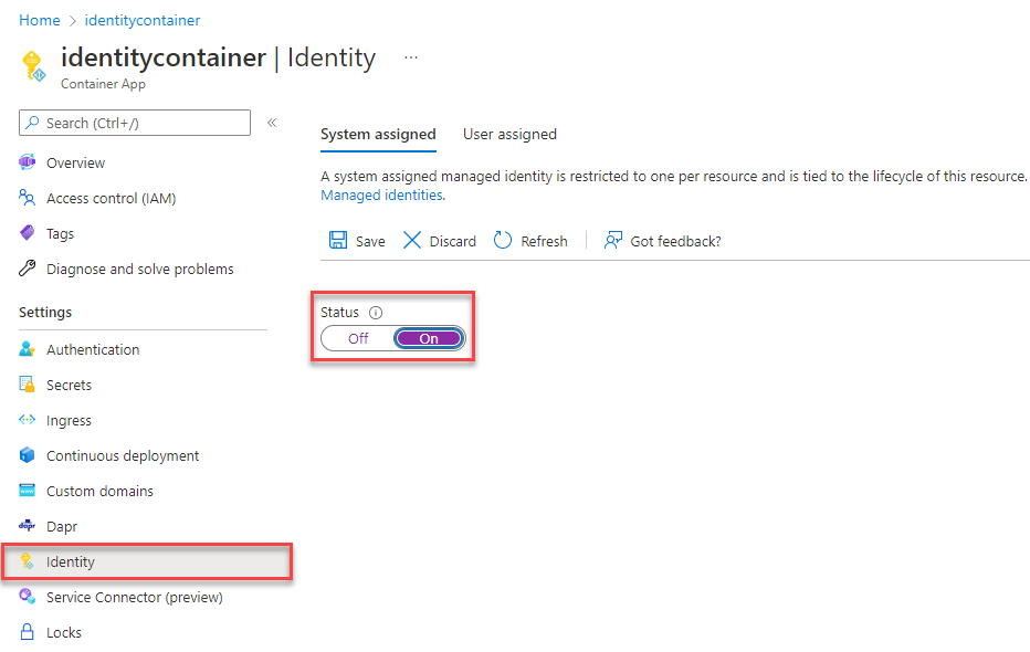 Captura de tela mostrando como habilitar a identidade gerenciada para os Aplicativos de Contêiner do Azure.