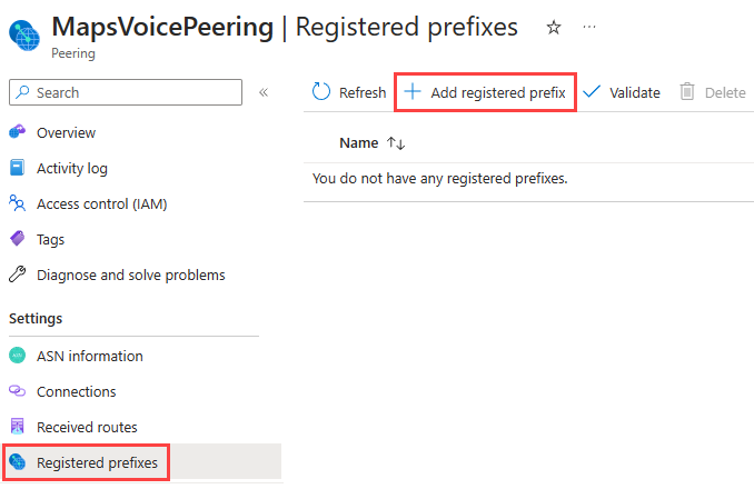 Captura de tela que mostra o painel de prefixo registrado no portal do Azure.