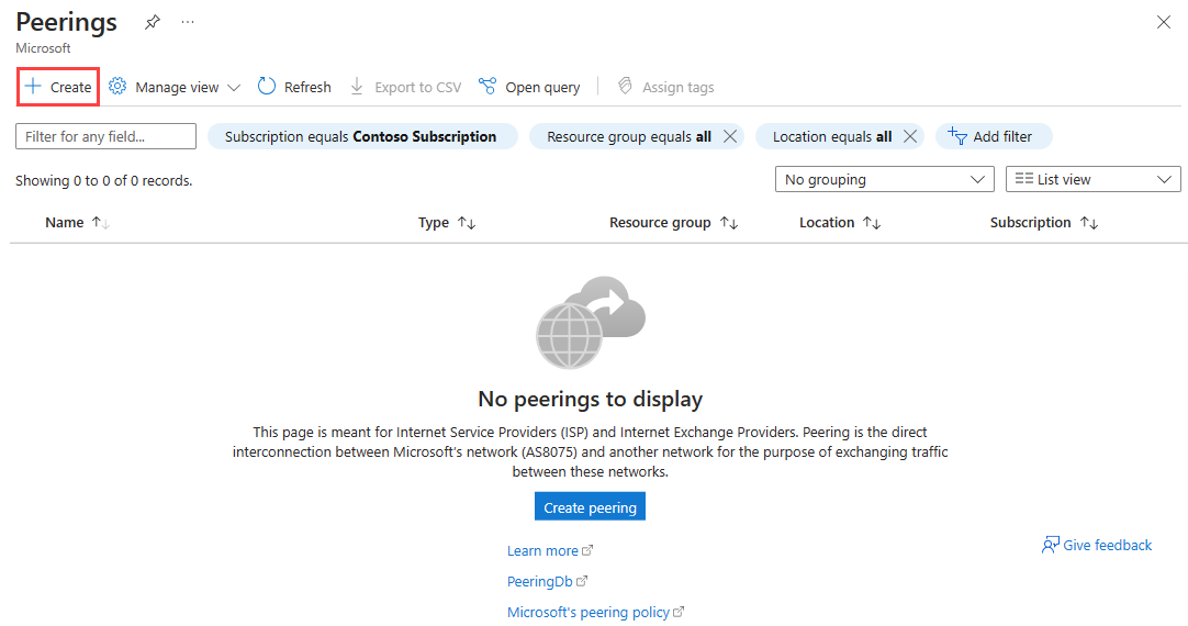 Captura de tela que mostra como criar um recurso de emparelhamento no portal do Azure.