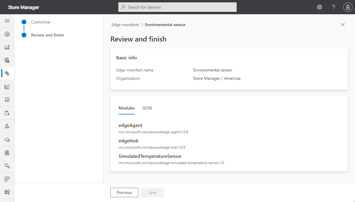 Screenshot that shows the imported Environmental sensor deployment manifest.