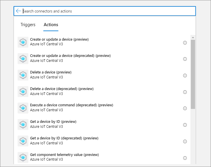 Encontre o conector V3 do Azure IoT Central - versão prévia e escolha uma ação