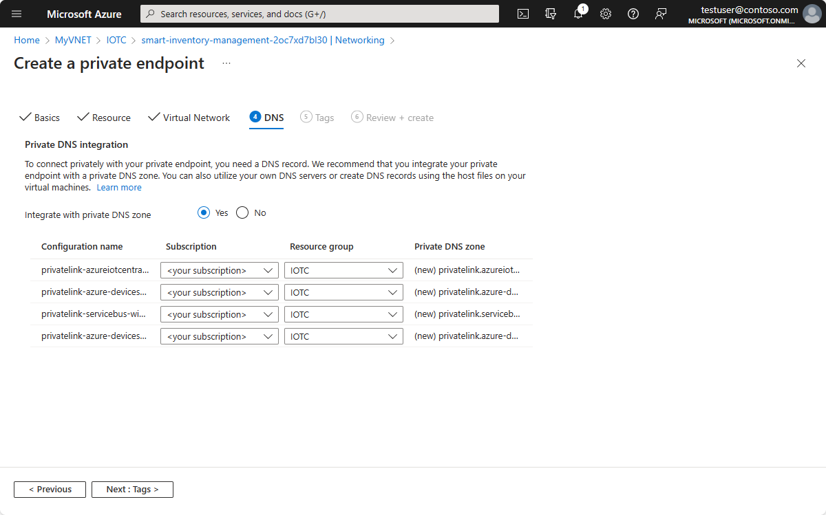 Captura de tela do portal do Azure que mostra a integração do DNS privado.