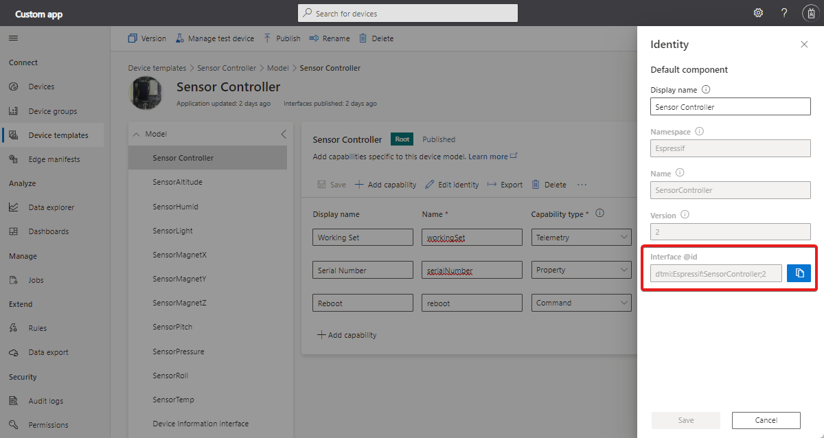 Captura de tela que mostra a ID do modelo da interface raiz do modelo de dispositivo.