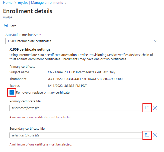 Captura de tela que mostra a substituição de um certificado intermediário por um grupo de registro.