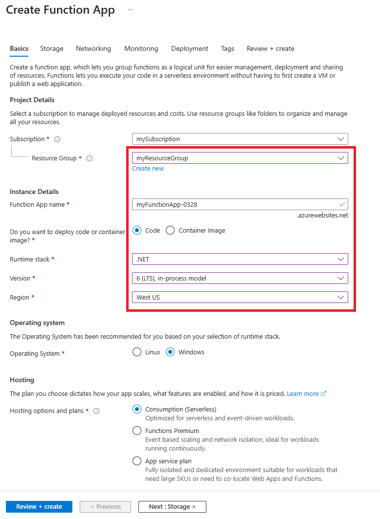 Captura de tela que mostra o formulário Criar Aplicativo de Funções no portal do Azure.