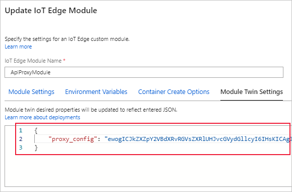 Captura de tela que mostra como colar o arquivo de configuração codificado como valor da propriedade proxy_config.