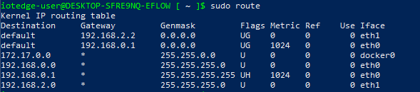 Captura de tela mostrando a tabela de roteamento da máquina virtual do EFLOW.