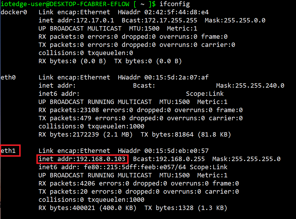 Captura de tela dos adaptadores de rede da máquina virtual EFLOW.