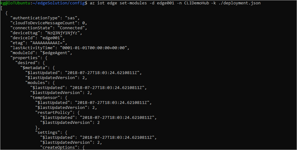 Captura de tela mostrando a saída da linha de comando az iot edge set-modules.