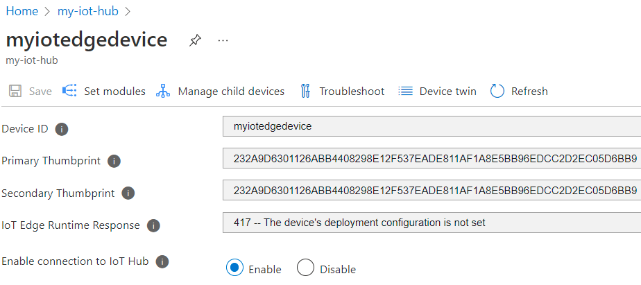 Uma captura de tela das configurações do dispositivo do Hub IoT no portal do Azure. Os campos de impressão digital do certificado mostram os novos valores.