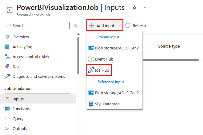 Captura de tela que mostra a seleção do Hub IoT no menu Adicionar entrada.