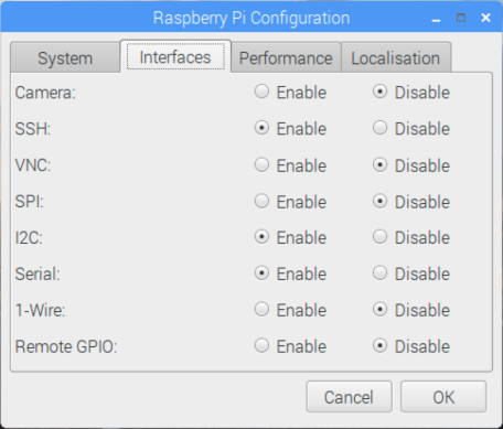 Captura de tela mostrando a configuração para habilitar o I2C e o SSH no Raspberry Pi.