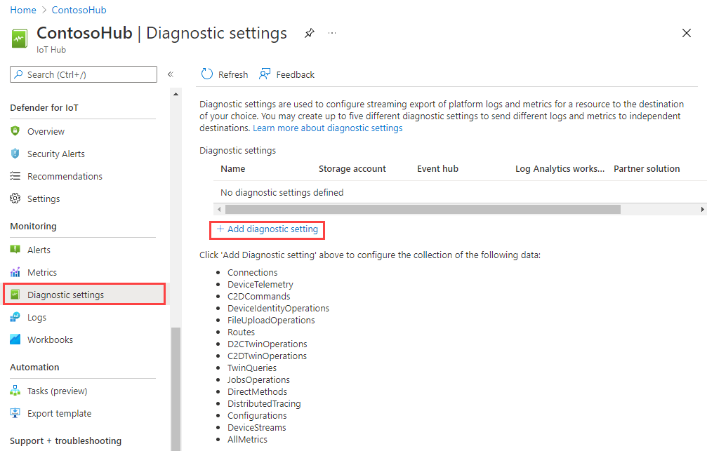 Captura de tela que realça as Configurações do diagnóstico na seção Monitoramento.