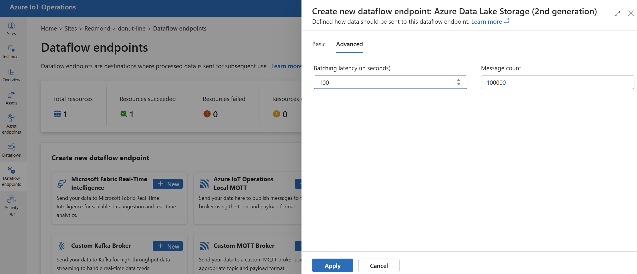 Captura de tela usando a experiência de operações para definir as configurações avançadas do ADLS V2.