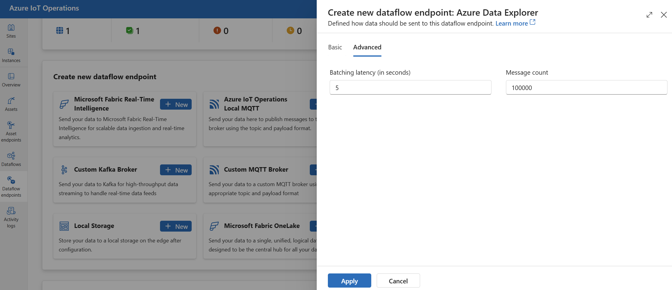 Captura de tela usando a experiência de operações para definir as configurações avançadas do Azure Data Explorer.