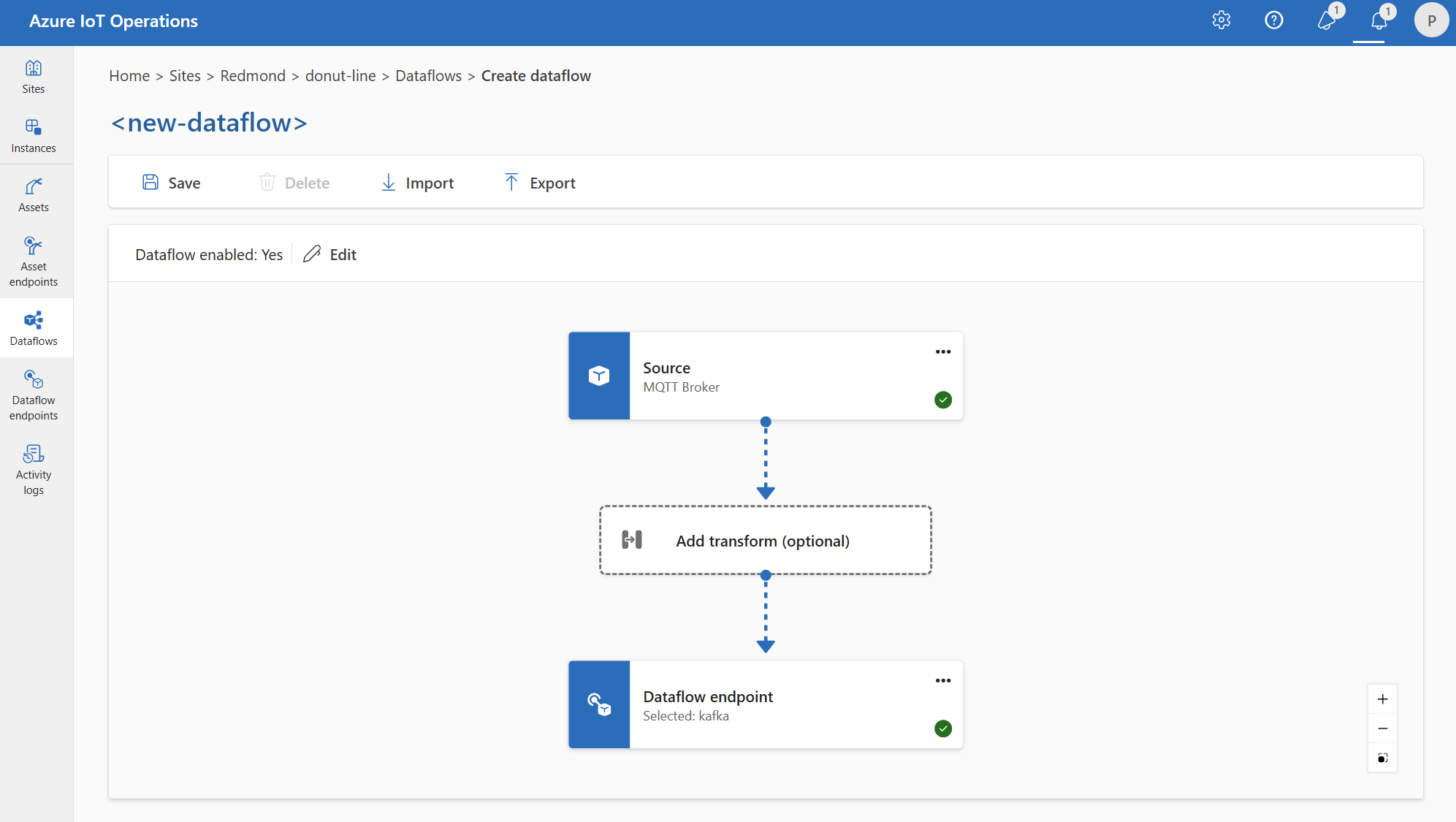 Captura de tela usando a experiência de operações para criar um fluxo de dados do MQTT para Kafka.