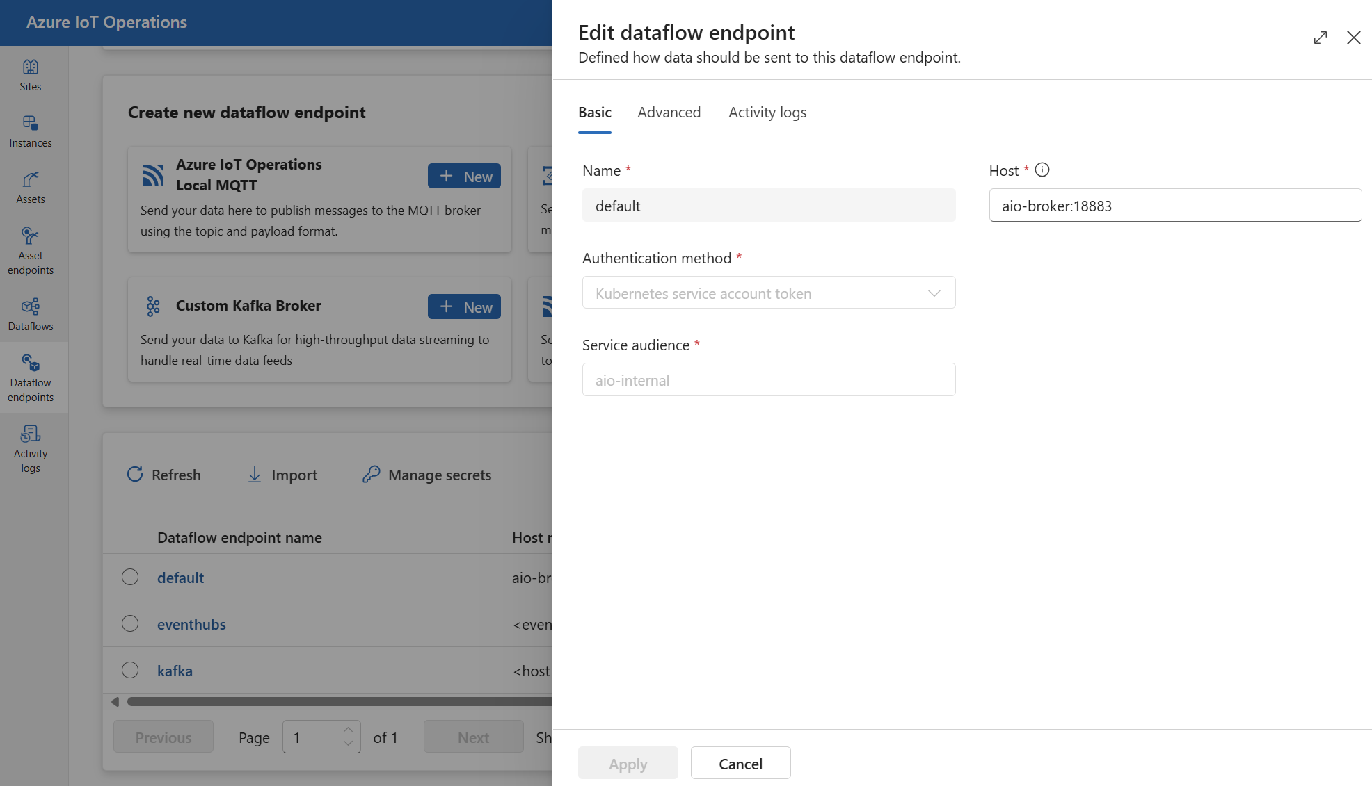 Captura de tela usando a experiência de operações para criar um ponto de extremidade de fluxo de dados MQTT padrão.