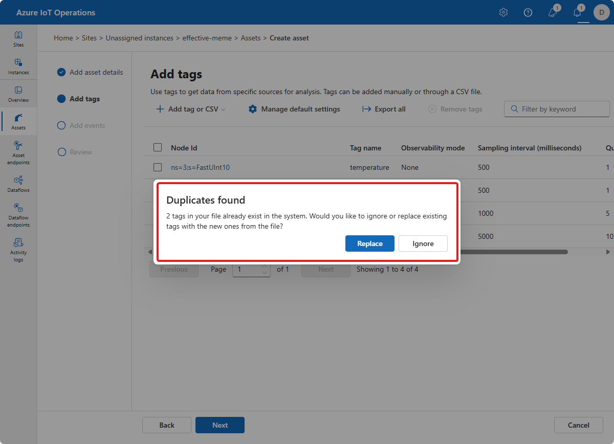 Uma captura de tela que mostra a mensagem de erro ao importar definições de marca duplicadas na experiência de operações.