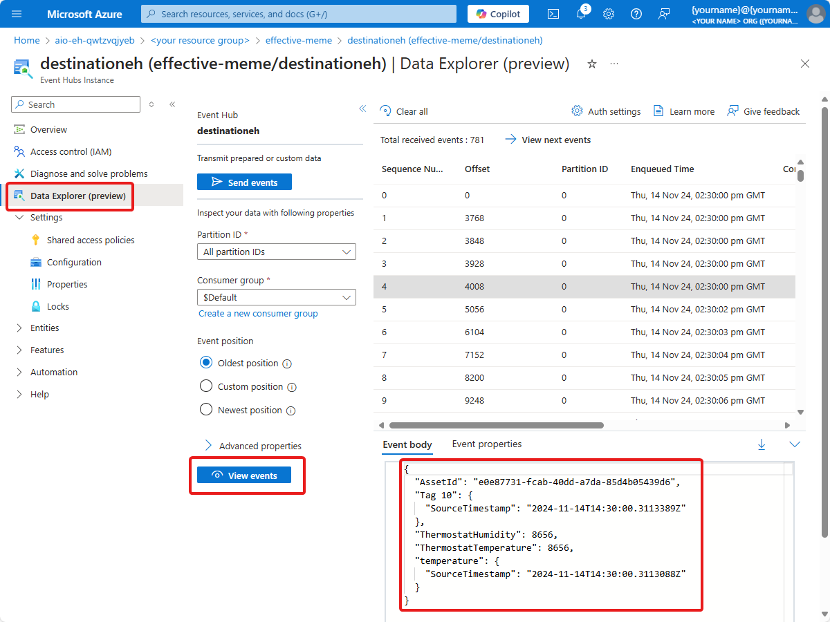 Captura de tela da página **Data Explorer** da instância dos Hubs de Eventos.