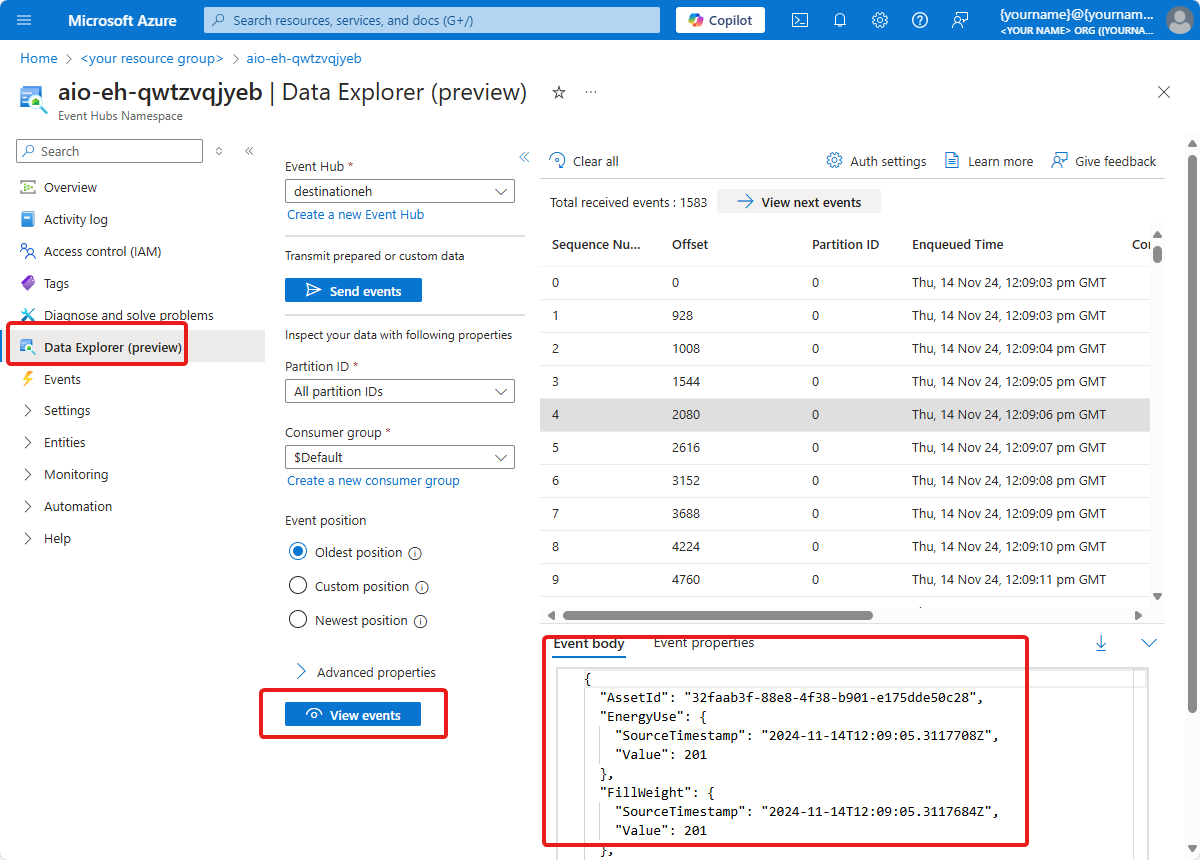 Captura de tela da página **Data Explorer** da instância dos Hubs de Eventos.