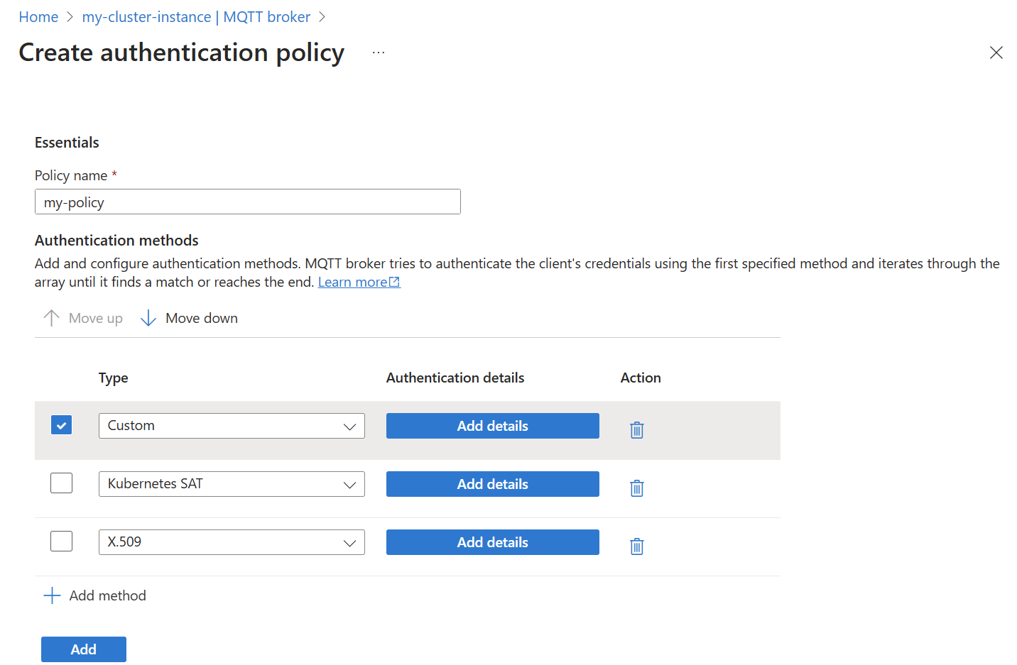 Captura de tela usando o portal do Azure para adicionar um método de política de autenticação do agente MQTT.