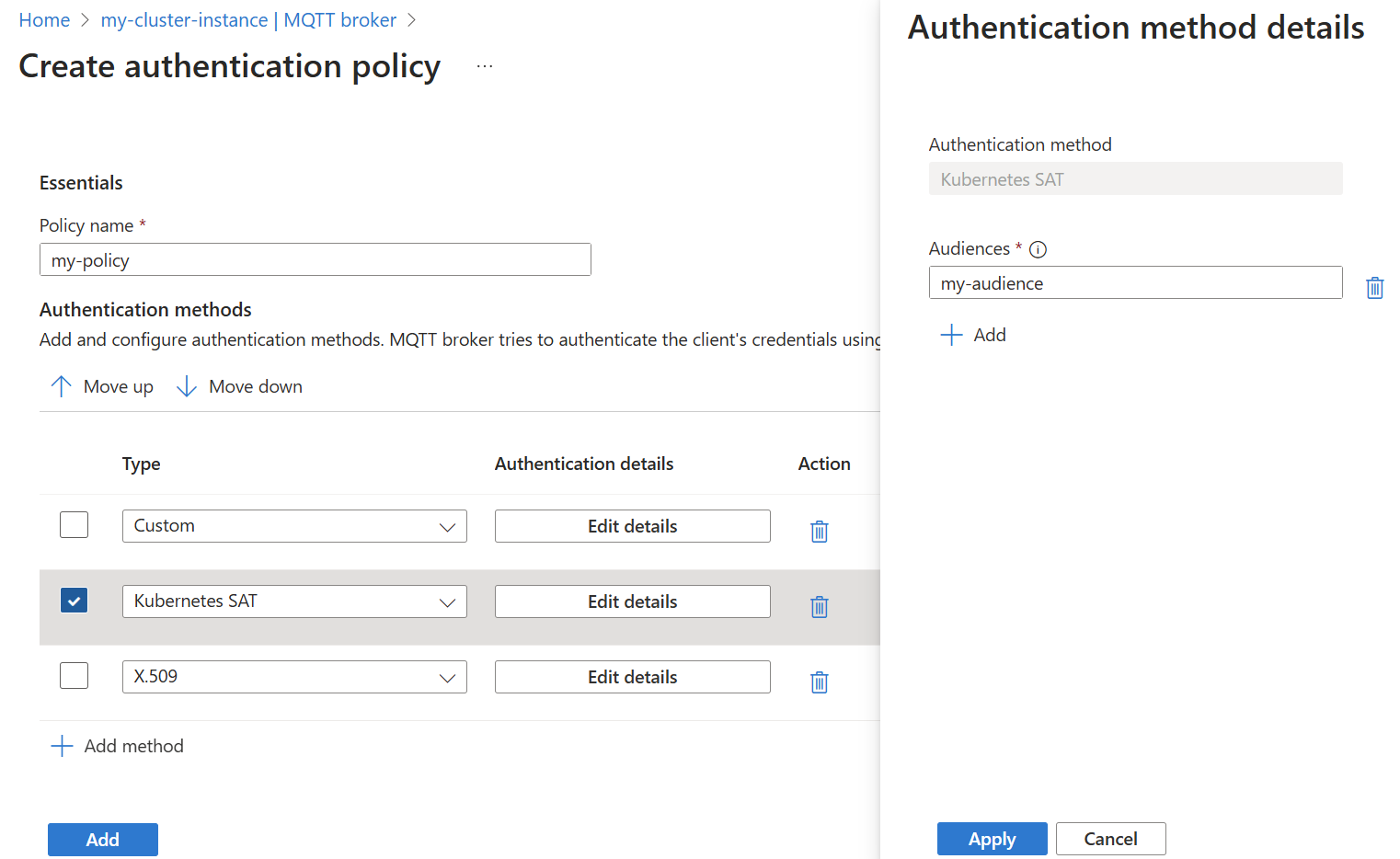 Captura de tela usando o portal do Azure para definir o método de autenticação do SAT do agente MQTT.