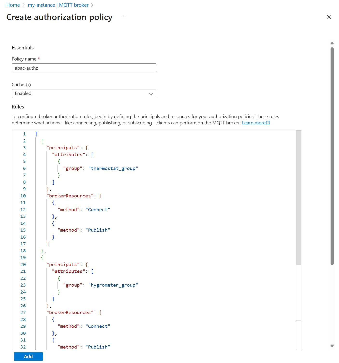 Captura de tela mostrando o portal do Azure para configurar uma política de autorização.